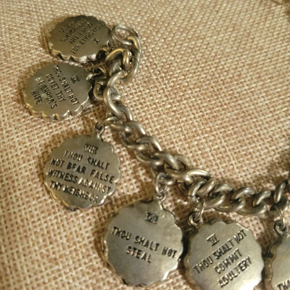 Vintage Ten Commandments Religious Charm Bracelet Silver Tone 7 Inch Cottagecore